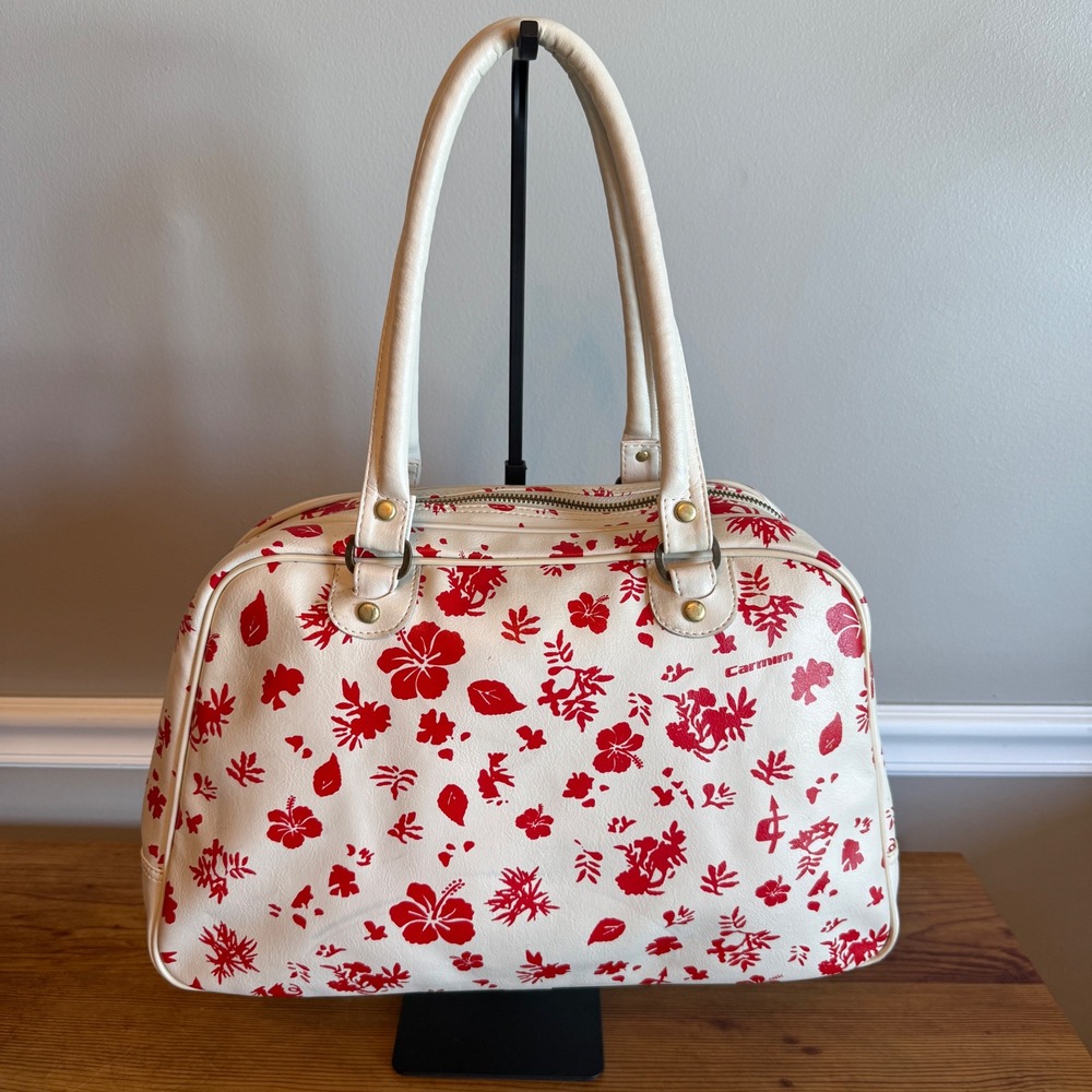 Y2K Carmim Satchel Handbag Cream‎ Red Floral Print Heart Charm Handle Bag Purse